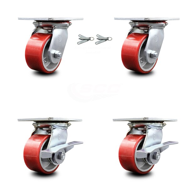 4 Inch Red Poly on Cast Iron Swivel Caster Swivel Locks 2 Brakes SCC, 2PK